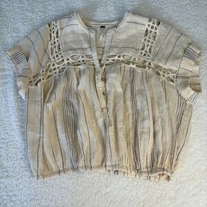 Free People Boho Cropped Lace Summer Top Women's M Cream Striped‎ Cotton Guazy